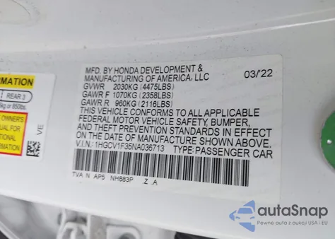 2022 Honda Accord Sport из США, поврежденный, VIN 1HGCV1F35NA036713